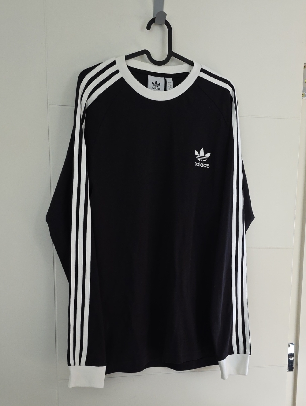 adidas Black Long Sleeve Three-Stripe Crew with White Trim - Picture 1 of 4